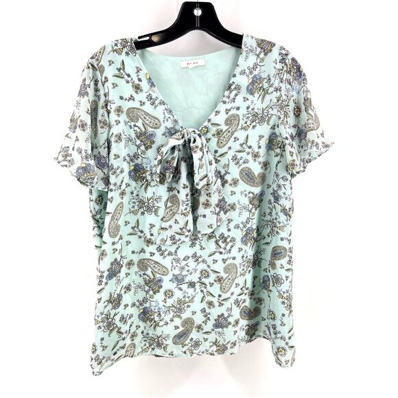 Pleione Women's Paisley Blouse Top V Neck Floral Small Lined Shirt Light Blue - Picture 2 of 10